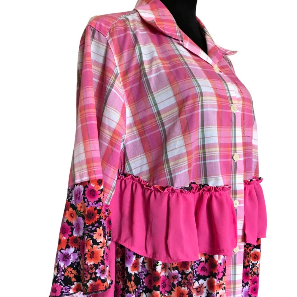 Handmade Upcycled Boho Tunic, Pink Ruffled Patchwork Top Size Large - Picture 5 of 13